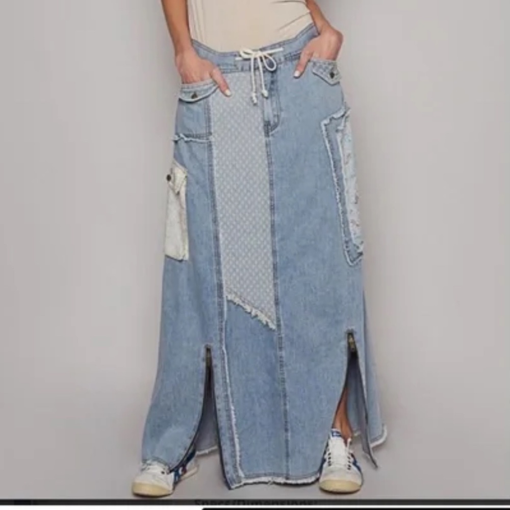 POL Light Blue Patchwork Maxi Skirt